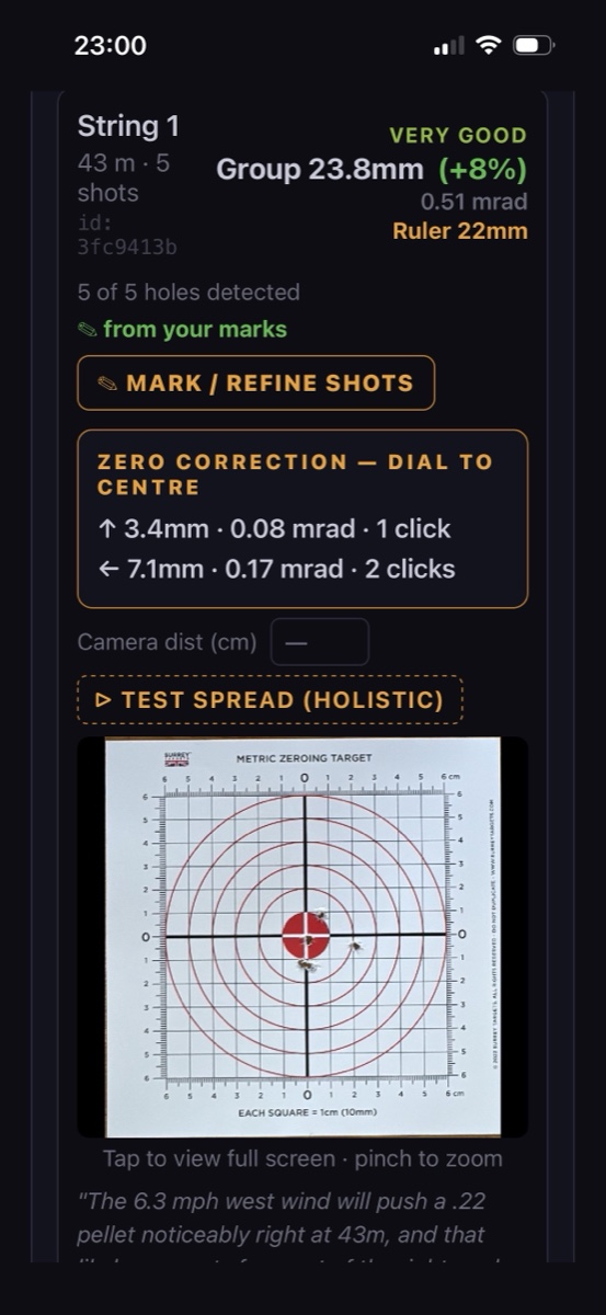 Pellet — AI target analysis: 23.8 mm group, rated very good
